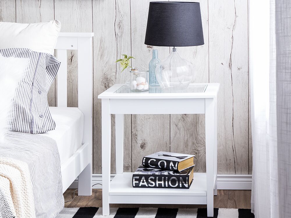 Tavolino in MDF bianco 60 x 57 x 40 cm con piano in vetro Comodino con un ripiano