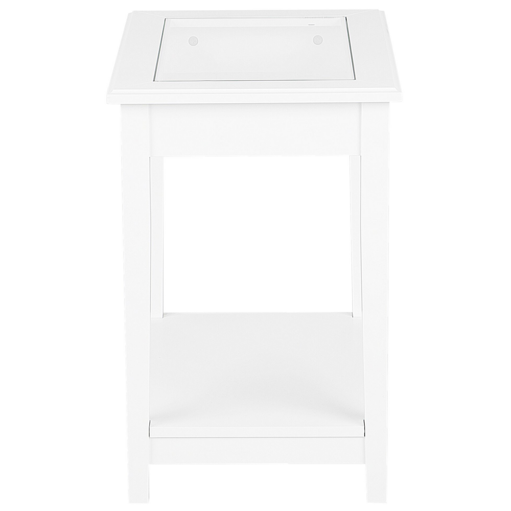 Tavolino in MDF bianco 60 x 57 x 40 cm con piano in vetro Comodino con un ripiano
