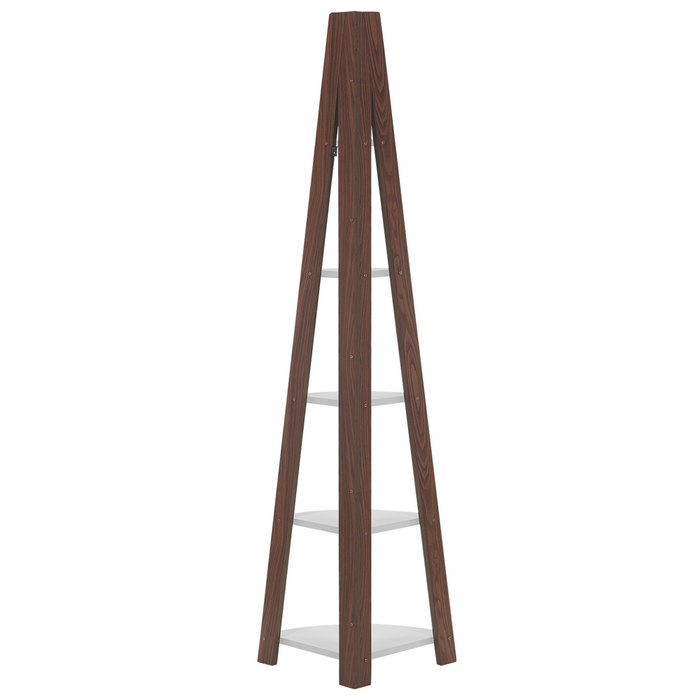 Libreria a 4 ripiani in legno scuro con espositore ad angolo per scaffale bianco