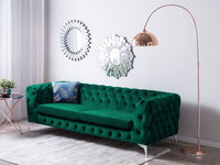 Divano a 3 posti in velluto verde stile Chesterfield con schienale basso