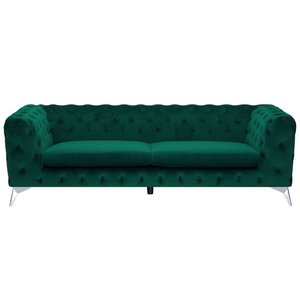 Divano a 3 posti in velluto verde stile Chesterfield con schienale basso