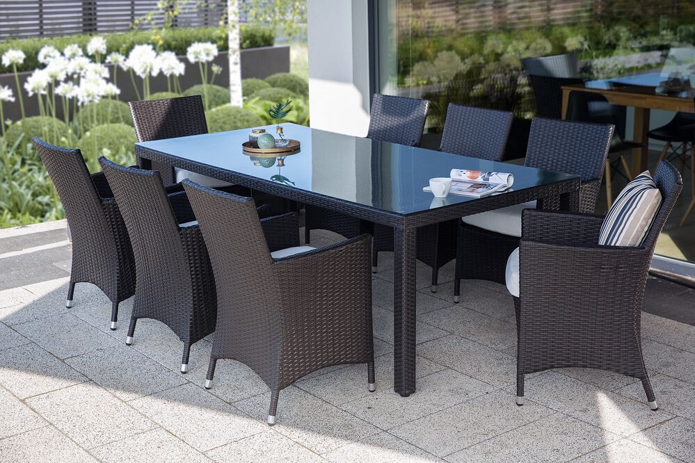 Set da pranzo da giardino marrone scuro finto rattan 8 posti con cuscini resistente ai raggi UV Patio tradizionale