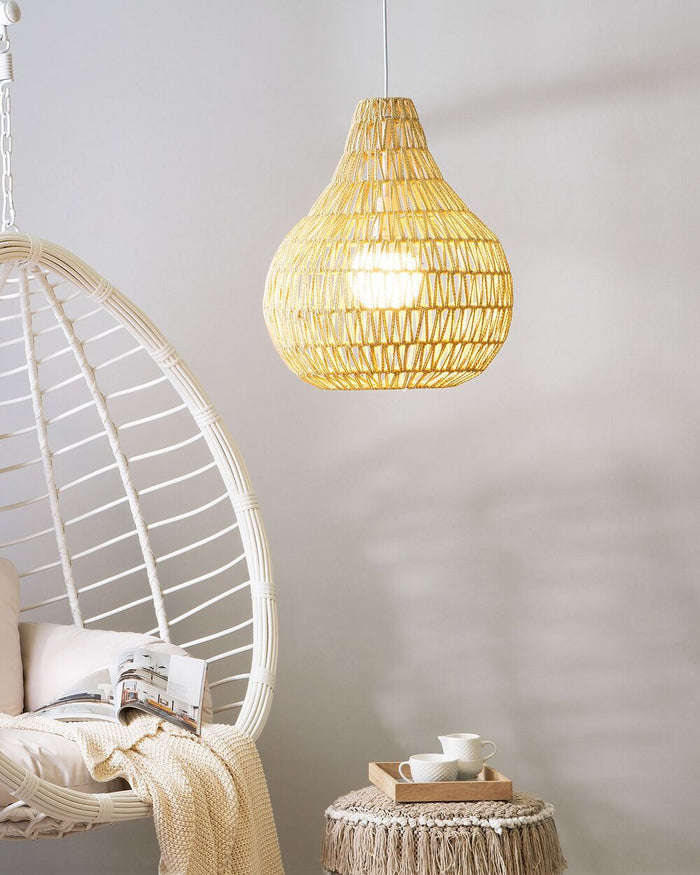 Lampadario in Carta Beige con Paralume Intrecciato Rotondo Stile Boho