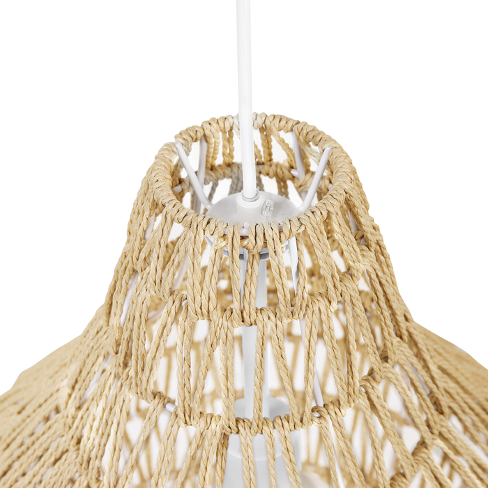 Lampadario in Carta Beige con Paralume Intrecciato Rotondo Stile Boho