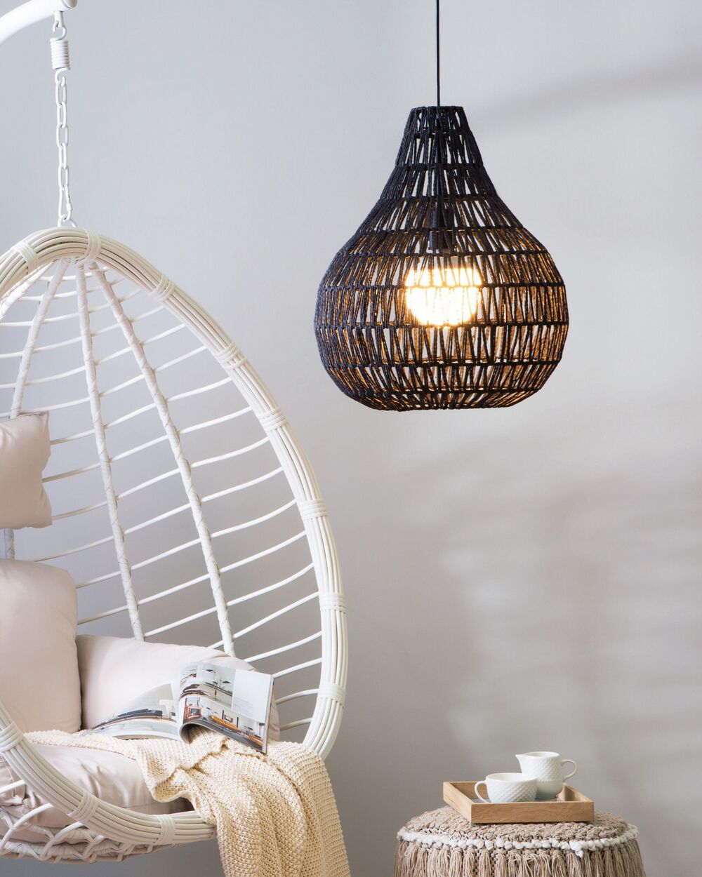 Lampadario in Carta Nero con Paralume Intrecciato Rotondo Stile Boho