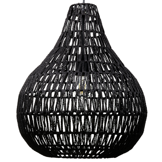 Lampadario in Carta Nero con Paralume Intrecciato Rotondo Stile Boho