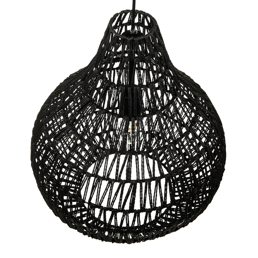 Lampadario in Carta Nero con Paralume Intrecciato Rotondo Stile Boho
