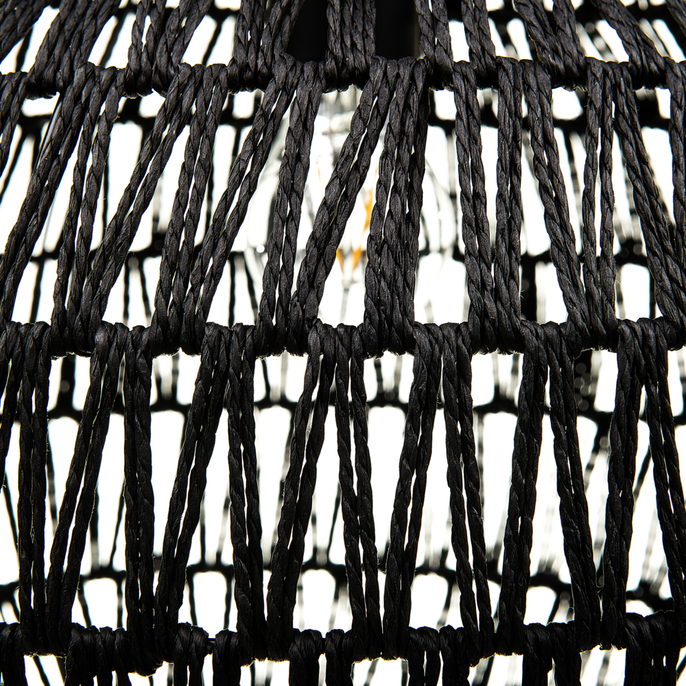 Lampadario in Carta Nero con Paralume Intrecciato Rotondo Stile Boho