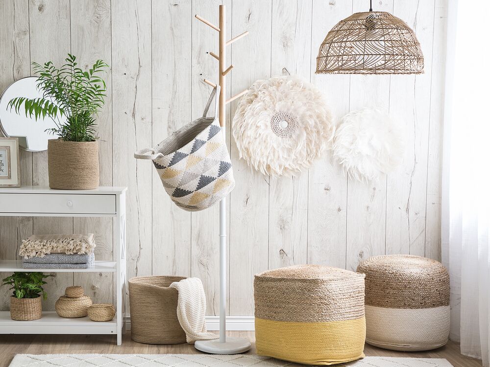 Pouf ottomana grigio iuta perline EPS riempimento rotondo ø 46 cm stile boho