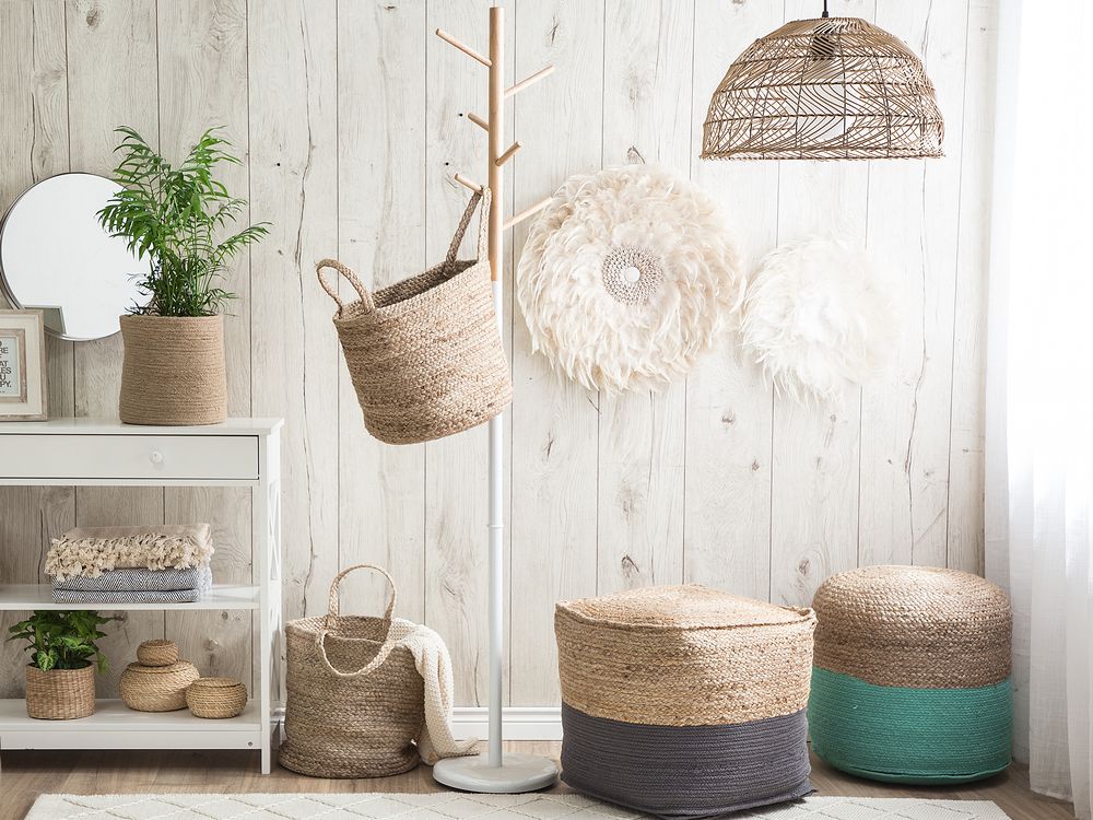 Pouf ottomana grigio iuta perline EPS riempimento quadrato 44 x 44 cm stile boho