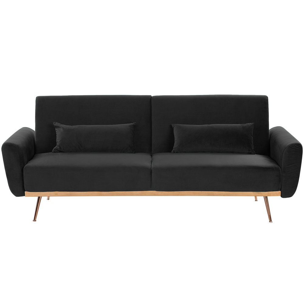 Divano Letto Velluto Nero 3 Posti Gambe In Metallo Cuscini Aggiuntivi Retro