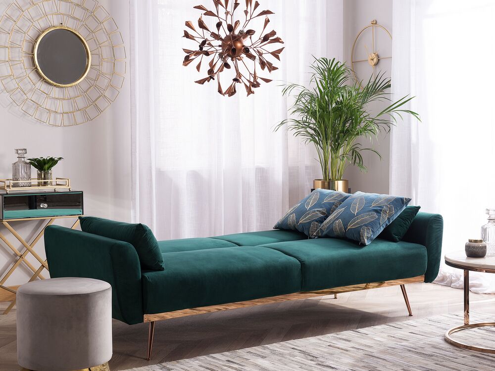 Divano Letto Velluto Verde 3 Posti Gambe In Metallo Cuscini Aggiuntivi Retro