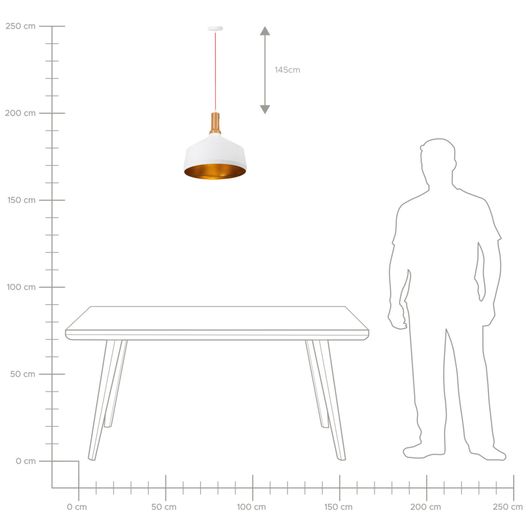 Lampadario Lampada a Sospensione Bianca con dorato e Legno Chiaro Alluminio Paralume Geometrico Rotondo Design Industriale