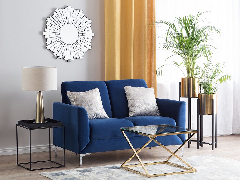 Divano Blu Rivestimento Tessuto Gambe Argento 2 Posti Divanetto Glam