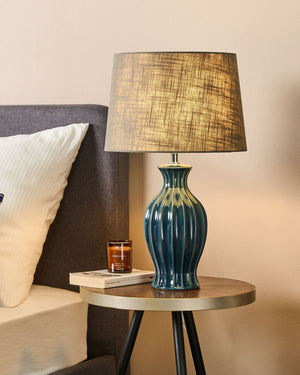 Lampada da Tavolo Verde Base in Ceramica Paralume Tessuto Grigio Moderna