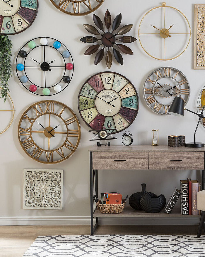 Orologio da Parete Argento Anticato Cornice in Ferro Design Industriale Ingranaggi Numeri Romani Rotondi 46 cm