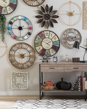 Orologio da Parete dorato Cornice in Ferro Design Classico Numeri Romani Rotondi 61 cm