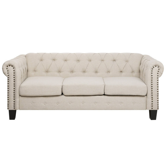 Divano Chesterfield Rivestimento in tessuto beige Gambe in legno scuro 3 posti
