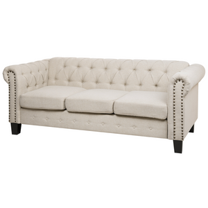 Divano Chesterfield Rivestimento in tessuto beige Gambe in legno scuro 3 posti