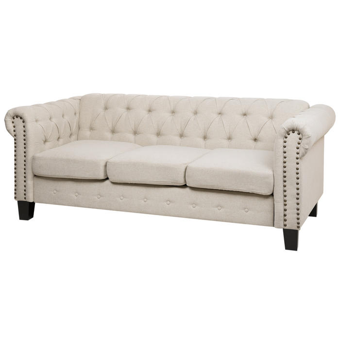 Divano Chesterfield Rivestimento in tessuto beige Gambe in legno scuro 3 posti