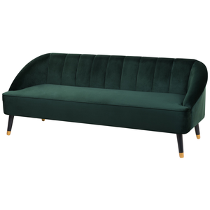 Divano in velluto verde smeraldo a 3 posti con schienale a canale incassato con gambe in legno