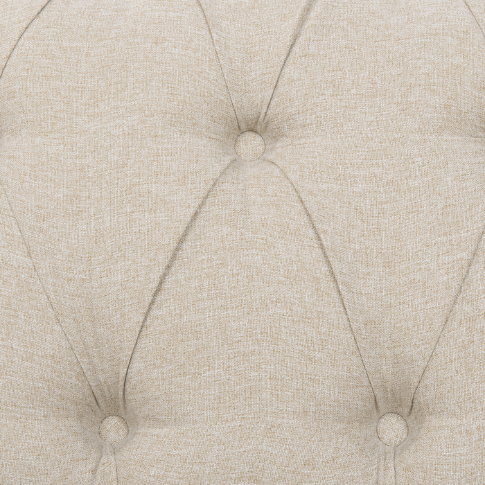 Divano Chesterfield Rivestimento in tessuto beige Gambe in legno scuro 3 posti