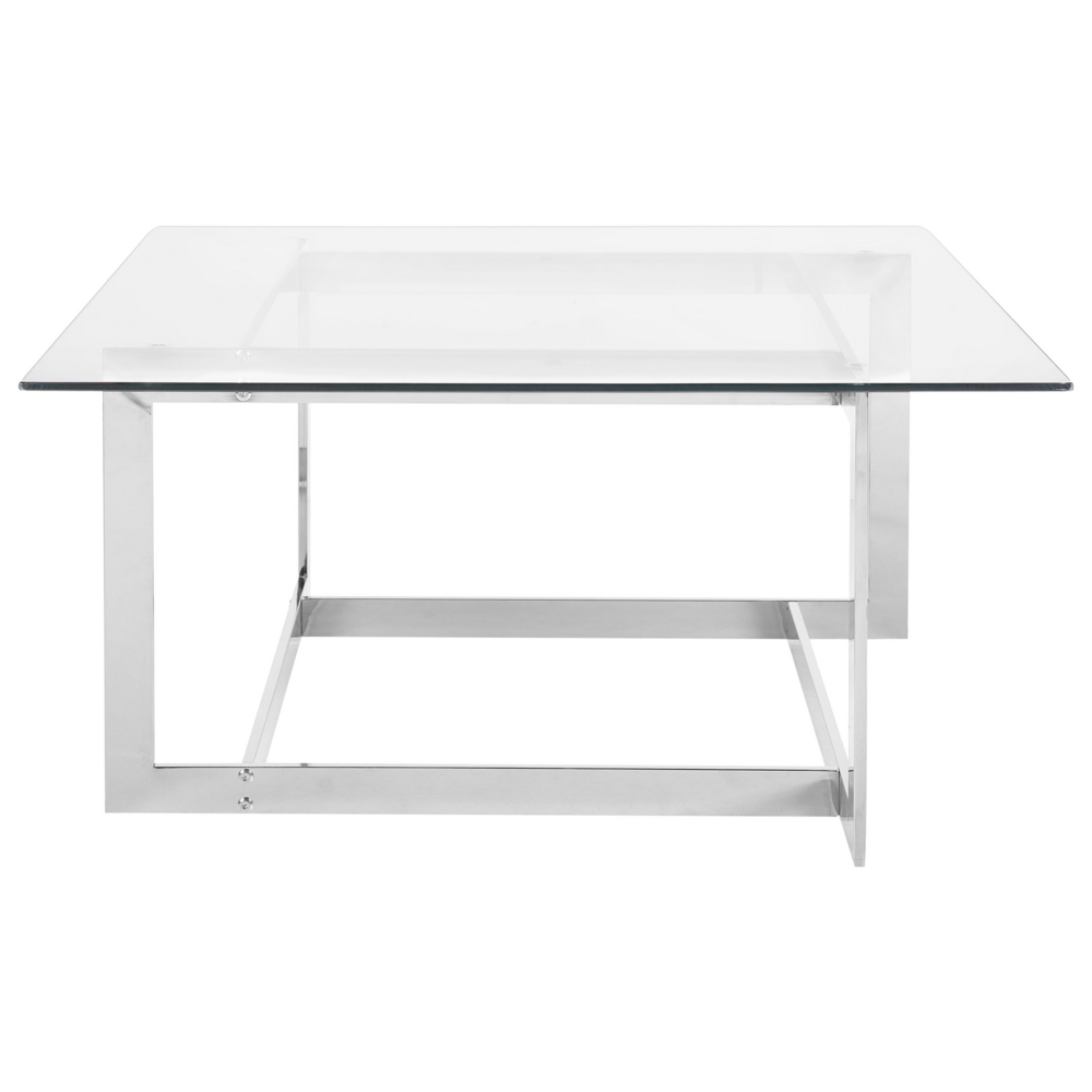 Tavolino da caffè con struttura in metallo argento piano quadrato in vetro design geometrico glam