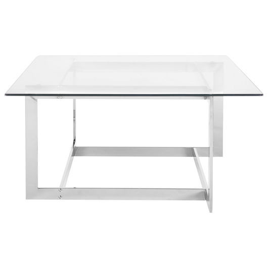 Tavolino da caffè con struttura in metallo argento piano quadrato in vetro design geometrico glam