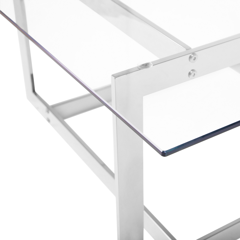 Tavolino da caffè con struttura in metallo argento piano quadrato in vetro design geometrico glam