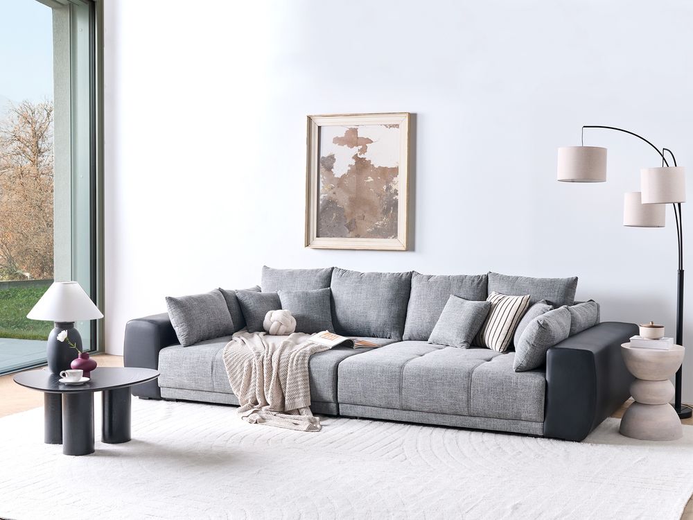 Divano con 8 cuscini Rivestimento in tessuto grigio e nero Cuscino a 4 posti con schienale