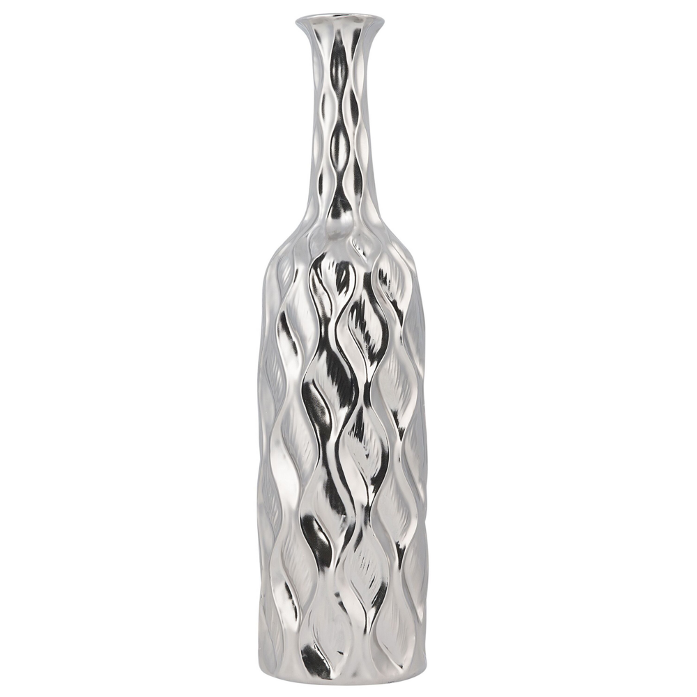 Vaso da fiori decorativo argento gres porcellanato forma bottiglia 12 x 45 cm stile modern glam