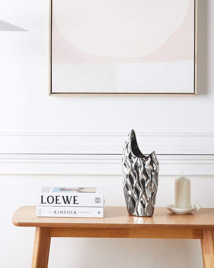 Vaso decorativo per fiori in gres porcellanato argento con motivo a nido d'ape Glamour