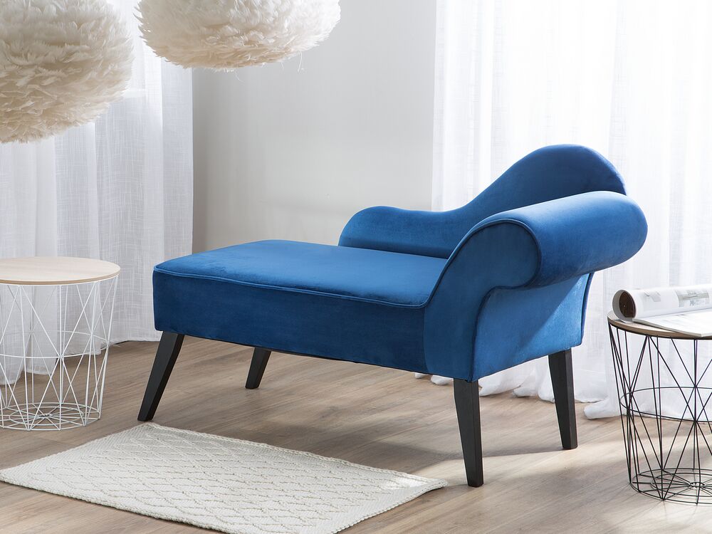Chaise longue Rivestimento in velluto blu Gambe in legno scuro versione destra Retro