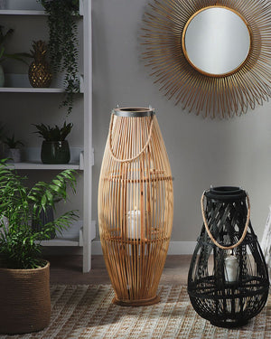 Lanterna leggera in legno di bambù e vetro 84 cm Portacandele intrecciato per interni ed esterni Boho scandinavo