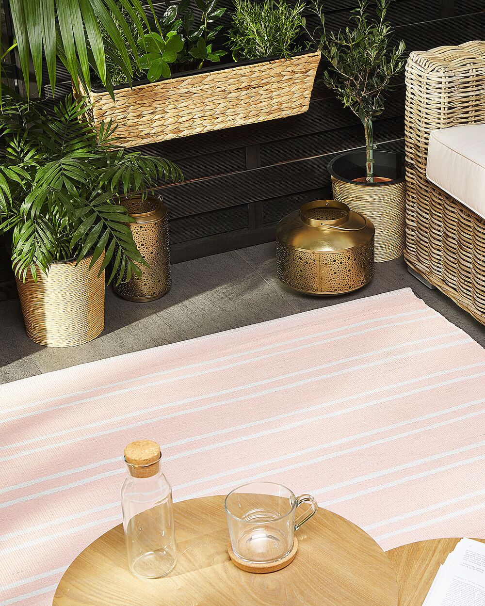 Tappeto tappetino Tappeto Rosa Reversibile Materiale Sintetico Esterno e Interno Bianco Righe Rettangolare 140 x 200 cm
