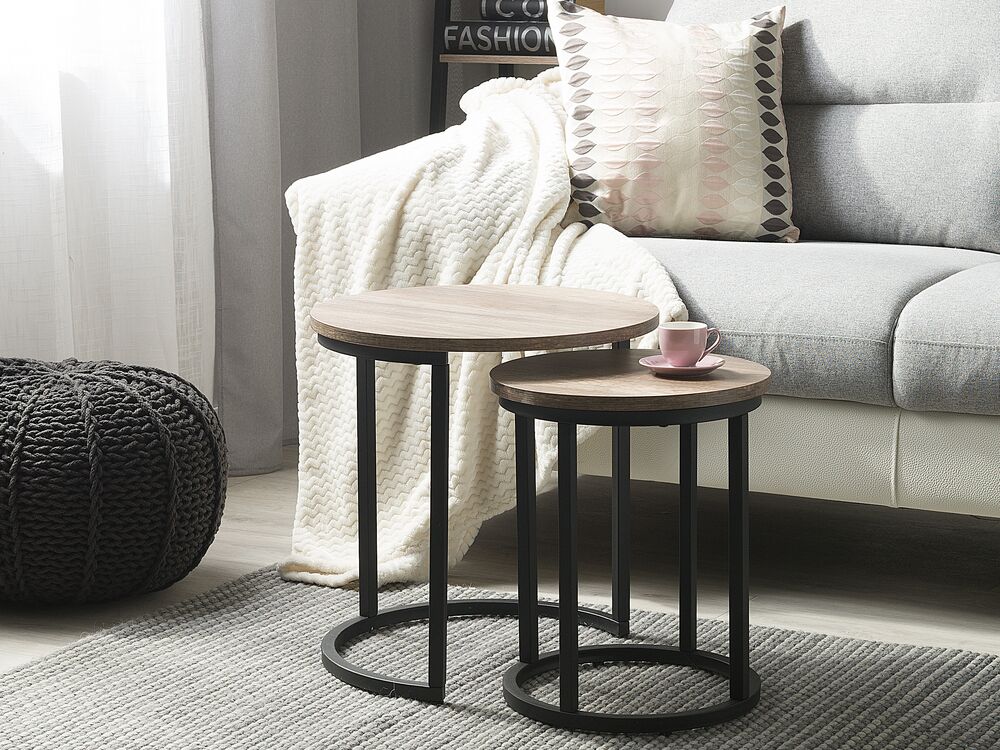 Nido di tavoli in 2 pezzi base in metallo MDF effetto legno scuro stile industriale