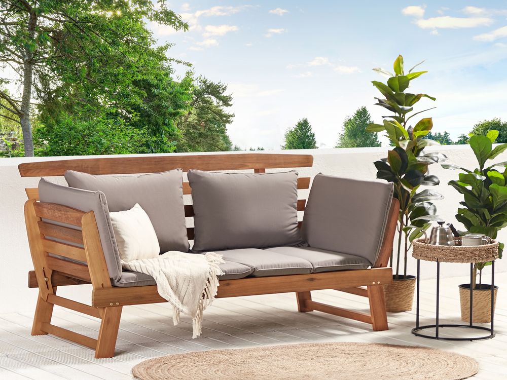 Panca da giardino leggera in legno di eucalipto tortora cuscini da esterno 2 posti con braccioli reclinabili