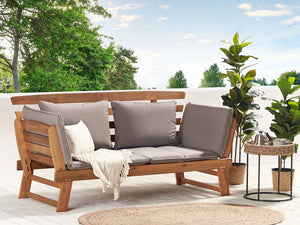 Panca da giardino leggera in legno di eucalipto tortora cuscini da esterno 2 posti con braccioli reclinabili