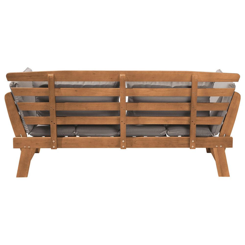 Panca da giardino leggera in legno di eucalipto tortora cuscini da esterno 2 posti con braccioli reclinabili