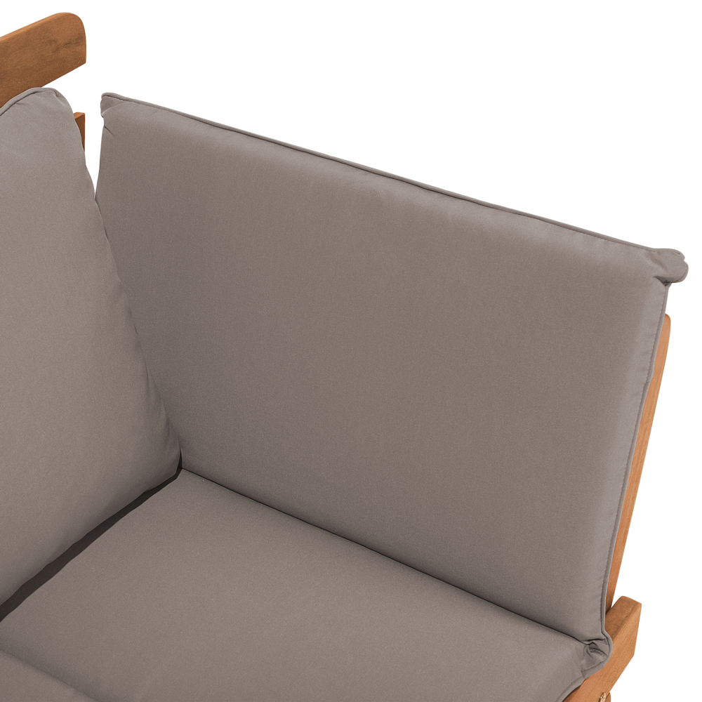 Panca da giardino leggera in legno di eucalipto tortora cuscini da esterno 2 posti con braccioli reclinabili