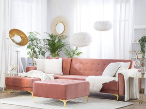Divano Letto Angolare in Velluto Rosa capitonné in Tessuto Moderno a L Modulare a 4 Posti con Pouf Chaise Longue versione destra