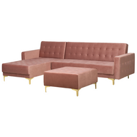 Divano Letto Angolare in Velluto Rosa capitonné in Tessuto Moderno a L Modulare a 4 Posti con Pouf Chaise Longue versione destra