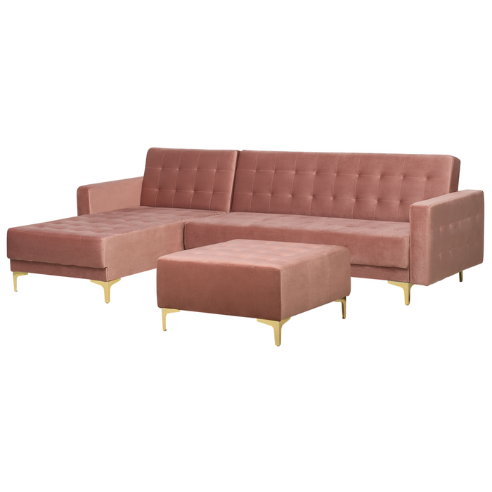 Divano Letto Angolare in Velluto Rosa capitonné in Tessuto Moderno a L Modulare a 4 Posti con Pouf Chaise Longue versione destra