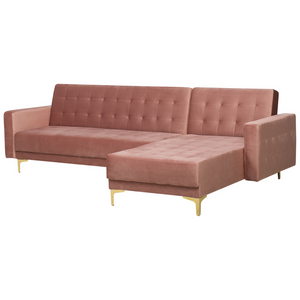 Divano letto angolare in velluto rosa capitonné in tessuto moderno a L componibile a 4 posti Chaise Longue versione destra