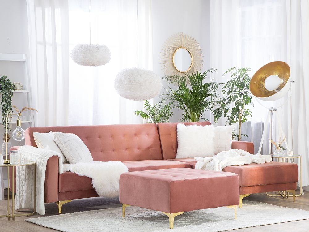 Divano Letto Angolare Velluto Rosa capitonné Tessuto Moderno a L Modulare 4 Posti con Pouf Chaise Longue versione sinistra
