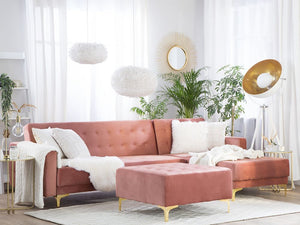 Divano Letto Angolare Velluto Rosa capitonné Tessuto Moderno a L Modulare 4 Posti con Pouf Chaise Longue versione sinistra