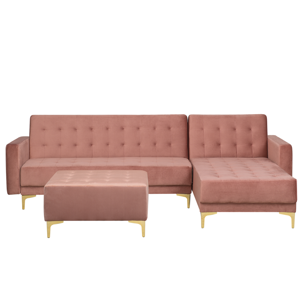 Divano Letto Angolare Velluto Rosa capitonné Tessuto Moderno a L Modulare 4 Posti con Pouf Chaise Longue versione sinistra