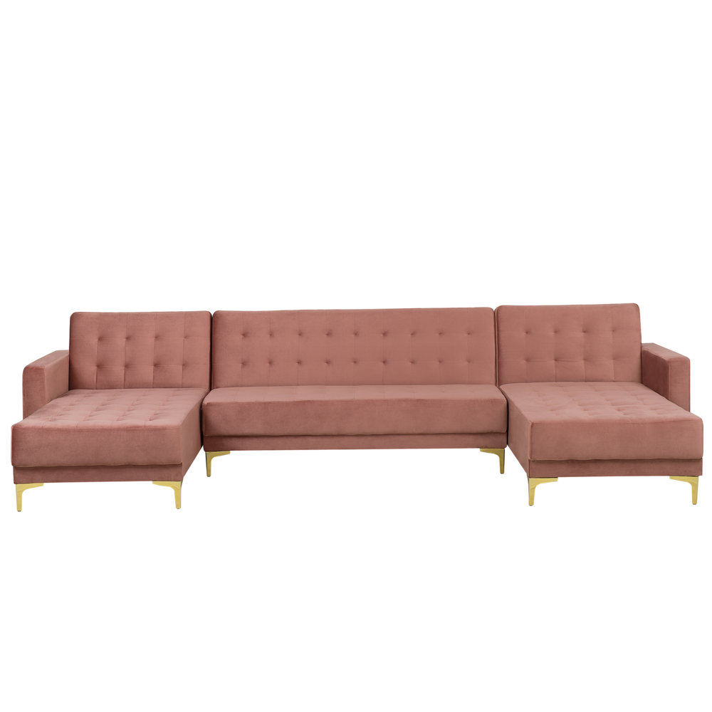 Divano letto ad angolo in tessuto trapuntato in velluto rosa moderno a forma di U componibile a 5 posti con chaise longue