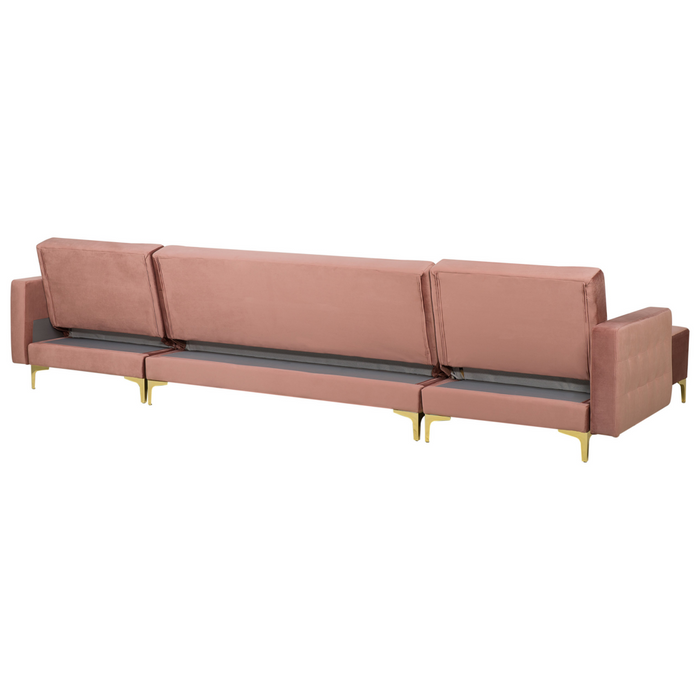 Divano letto ad angolo in tessuto trapuntato in velluto rosa moderno a forma di U componibile a 5 posti con chaise longue