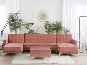 Divano letto ad angolo in tessuto trapuntato in velluto rosa moderno a forma di U componibile a 5 posti con chaise longue ottomane